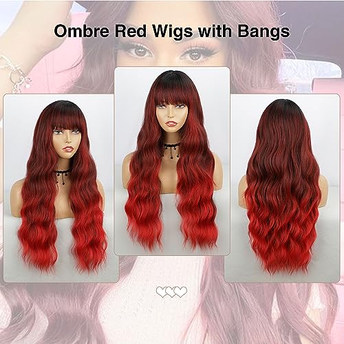 BOGSEA Red Wigs with Bangs Long Wavy Red Wig for Women Ombre Red Wigs with Bangs Synthetic Heat Resistant Fiber Wigs for Daily 26 Inch - Image 5