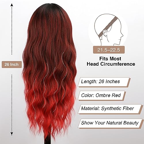 BOGSEA Red Wigs with Bangs Long Wavy Red Wig for Women Ombre Red Wigs with Bangs Synthetic Heat Resistant Fiber Wigs for Daily 26 Inch - Image 4