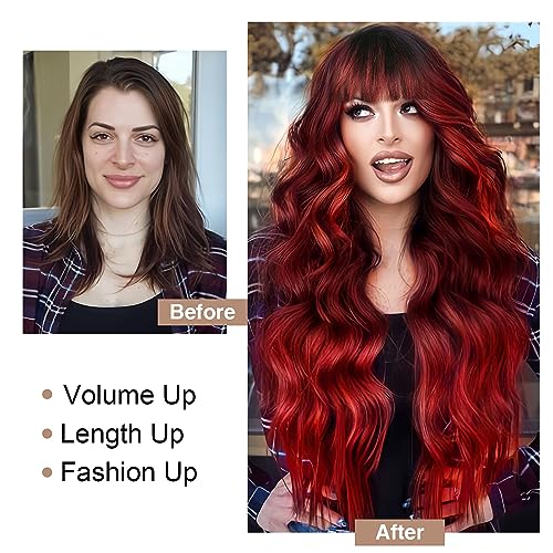 BOGSEA Red Wigs with Bangs Long Wavy Red Wig for Women Ombre Red Wigs with Bangs Synthetic Heat Resistant Fiber Wigs for Daily 26 Inch - Image 2