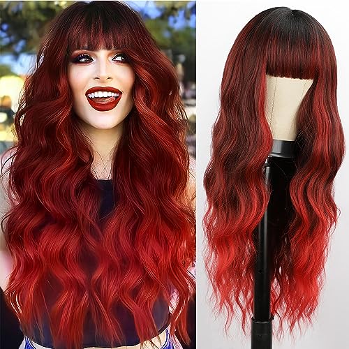BOGSEA Red Wigs with Bangs Long Wavy Red Wig for Women Ombre Red Wigs with Bangs Synthetic Heat Resistant Fiber Wigs for Daily 26 Inch - Image 1