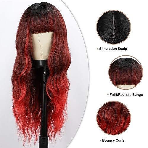 BOGSEA Red Wigs with Bangs Long Wavy Red Wig for Women Ombre Red Wigs with Bangs Synthetic Heat Resistant Fiber Wigs for Daily 26 Inch - Image 3