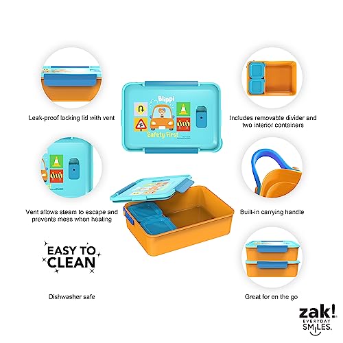 Zak Designs Blippi Reusable Plastic Bento Box with Leak-Proof Seal, Carrying Handle, Microwave Steam Vent, and Individual Containers for Kids' Packed Lunch (3-Piece Set) - Image 5