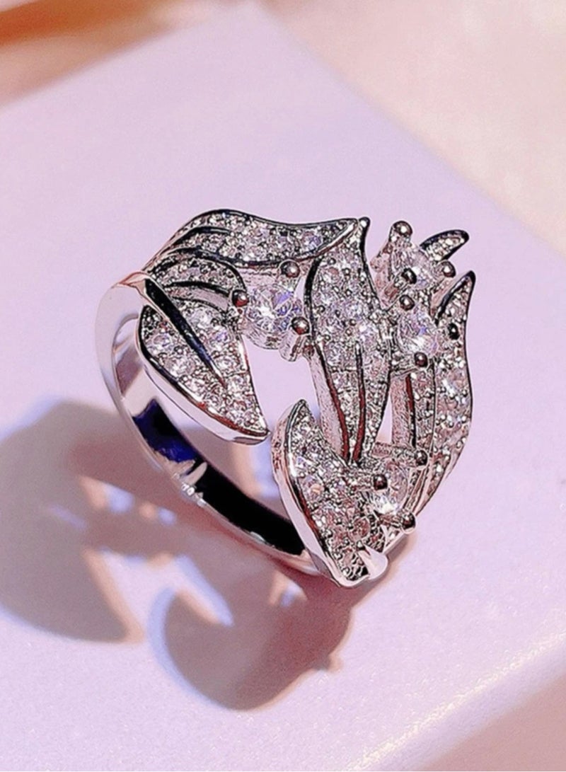 نون-شى خاتم نسائي أنيق وعالي الجودة مطلي باللون الفضي ومرصع بالزركون مقاس 7 - Image 1