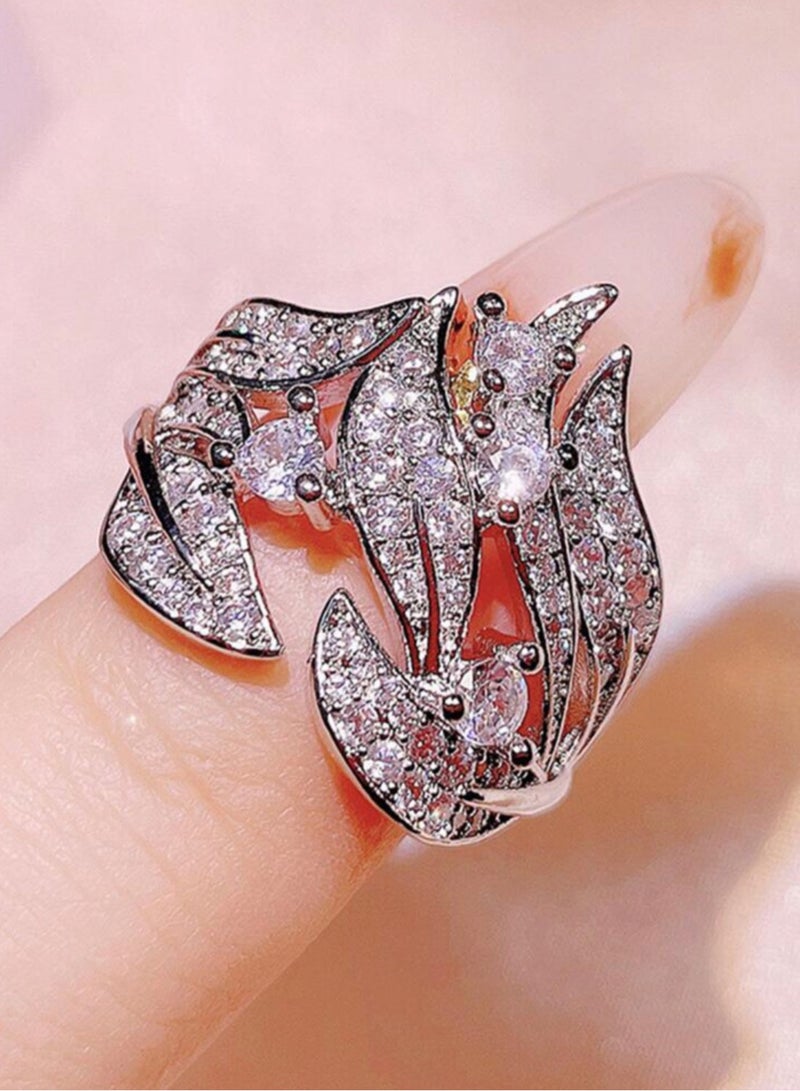 نون-شى خاتم نسائي أنيق وعالي الجودة مطلي باللون الفضي ومرصع بالزركون مقاس 7 - Image 2