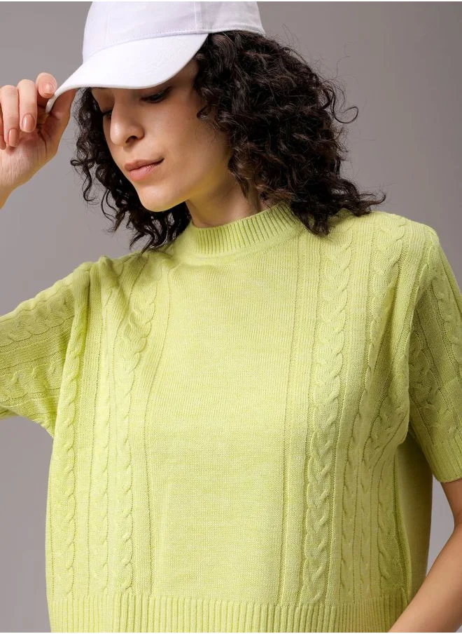 مرفوعة Women Relaxed Yellow Solid Round Neck Short Sleeve Sweater