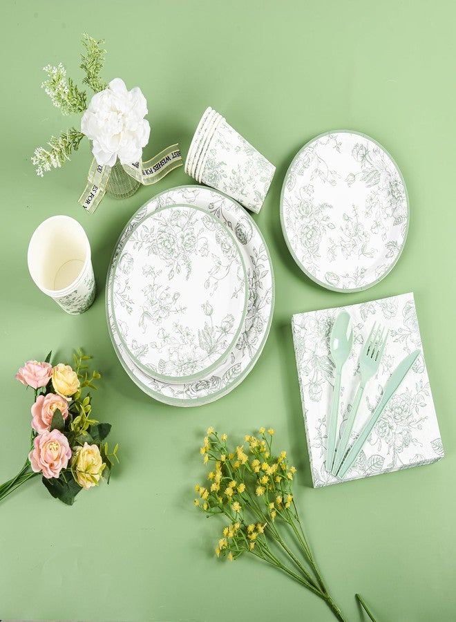 Elyxio 175Pcs Sage Green Floral Paper Plates and Napkins 25 Guests Green Toile Chinoiserie Party Supplies Set Include Plates Napkins Cups Spoons Forks Knives for Birthday Wedding (175, Sage Green Floral) - Image 3