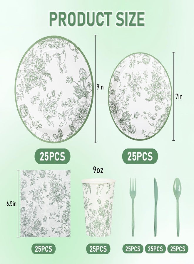 Elyxio 175Pcs Sage Green Floral Paper Plates and Napkins 25 Guests Green Toile Chinoiserie Party Supplies Set Include Plates Napkins Cups Spoons Forks Knives for Birthday Wedding (175, Sage Green Floral) - Image 2