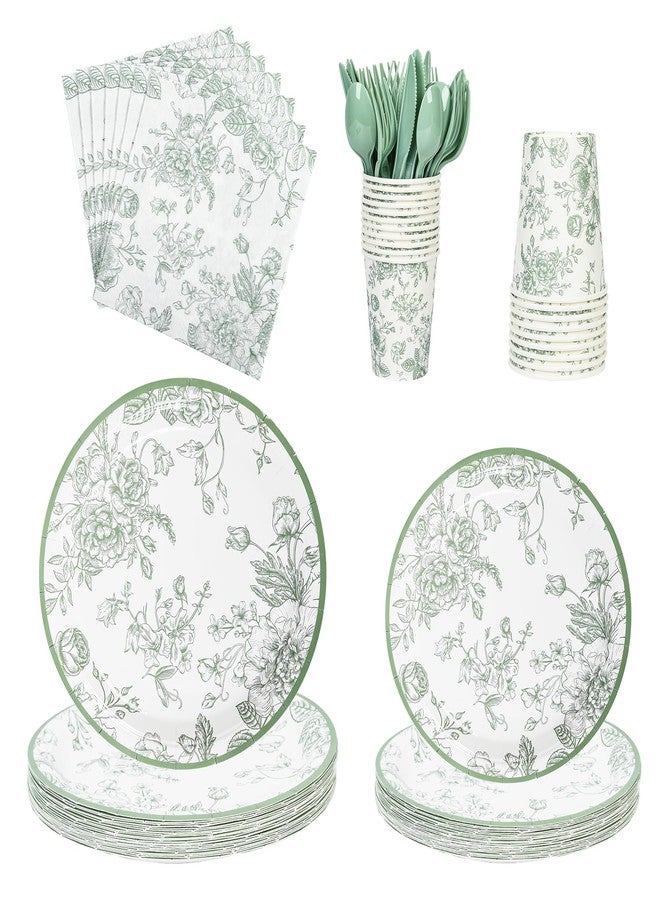 Elyxio 175Pcs Sage Green Floral Paper Plates and Napkins 25 Guests Green Toile Chinoiserie Party Supplies Set Include Plates Napkins Cups Spoons Forks Knives for Birthday Wedding (175, Sage Green Floral) - Image 1