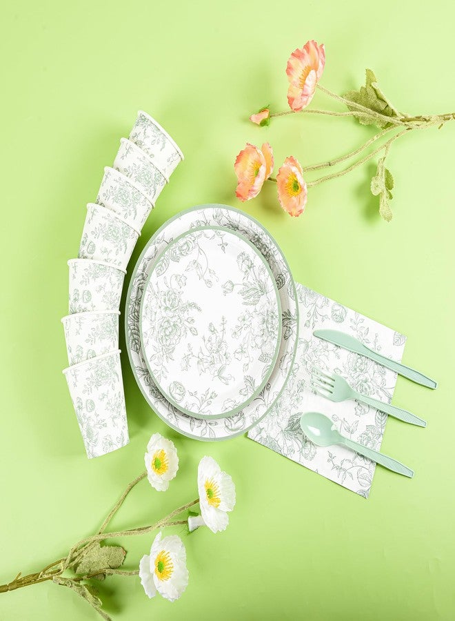 Elyxio 175Pcs Sage Green Floral Paper Plates and Napkins 25 Guests Green Toile Chinoiserie Party Supplies Set Include Plates Napkins Cups Spoons Forks Knives for Birthday Wedding (175, Sage Green Floral) - Image 5