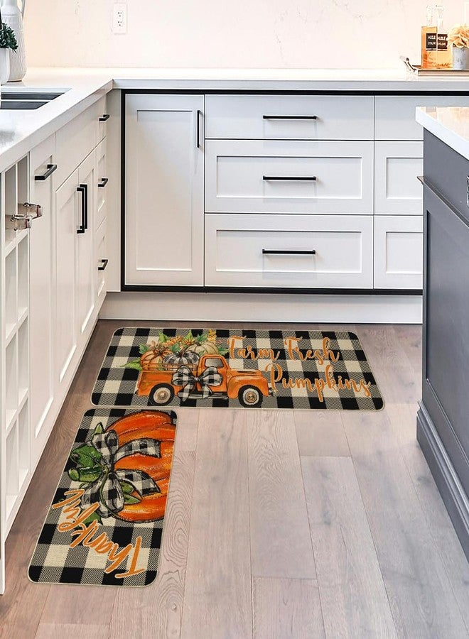 ARKENY Pumpkin Truck Fall Kitchen Rugs Set of 2, Black and White Plaid Seasonal Decorative Kitchen Mats for Floor,Autumn Thanksgiving Non-Slip Absorbent Rug and Door Mats-17x29 and 17x47 Inch-AKM079 - Image 4