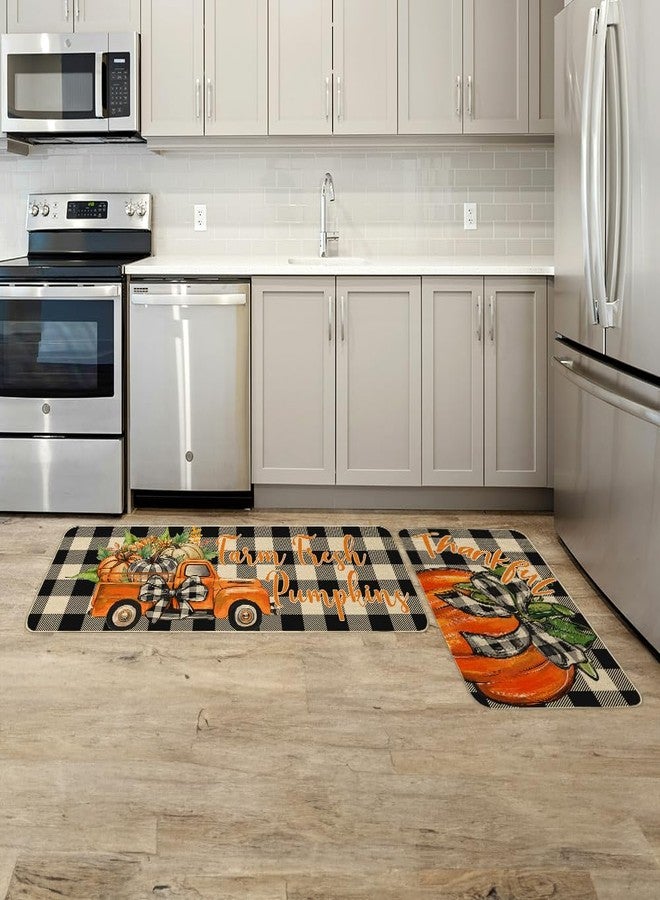 ARKENY Pumpkin Truck Fall Kitchen Rugs Set of 2, Black and White Plaid Seasonal Decorative Kitchen Mats for Floor,Autumn Thanksgiving Non-Slip Absorbent Rug and Door Mats-17x29 and 17x47 Inch-AKM079 - Image 2