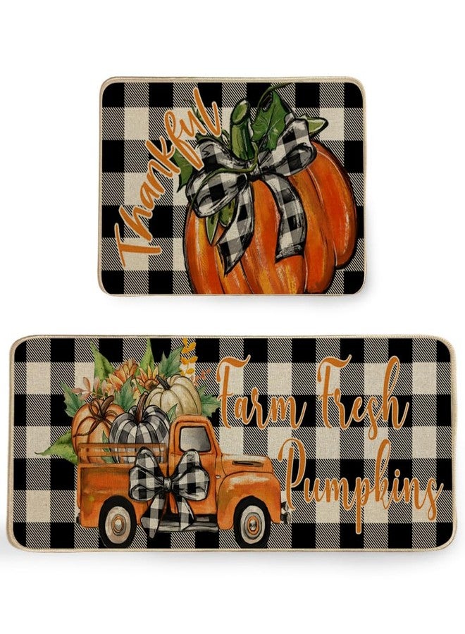 ARKENY Pumpkin Truck Fall Kitchen Rugs Set of 2, Black and White Plaid Seasonal Decorative Kitchen Mats for Floor,Autumn Thanksgiving Non-Slip Absorbent Rug and Door Mats-17x29 and 17x47 Inch-AKM079 - Image 1