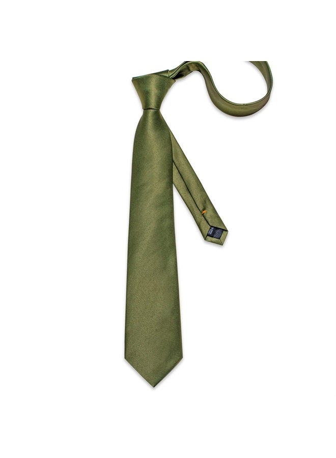DiBanGu Olive Green Ties for Men Solid Silk Green Necktie With Cufflinks and Pocket Square Sets Party Wedding Business - Image 3