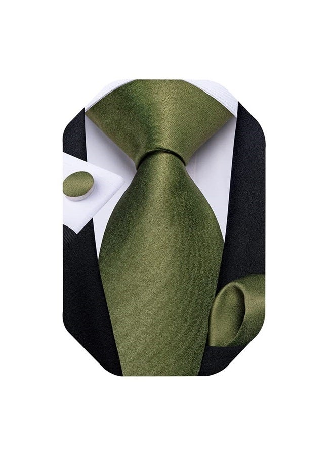 DiBanGu Olive Green Ties for Men Solid Silk Green Necktie With Cufflinks and Pocket Square Sets Party Wedding Business - Image 1