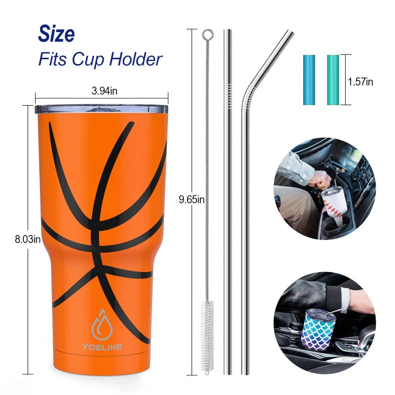 Yoelike Basketball Tumbler 30 oz Stainless Steel Double Wall Vacuum Insulated Cup with Straws  Splash Proof Lids  Straw Clean Brush  Tips for Fan Coaches Mom Men Sports Travel  Keep Drink Cold and Hot - Image 4