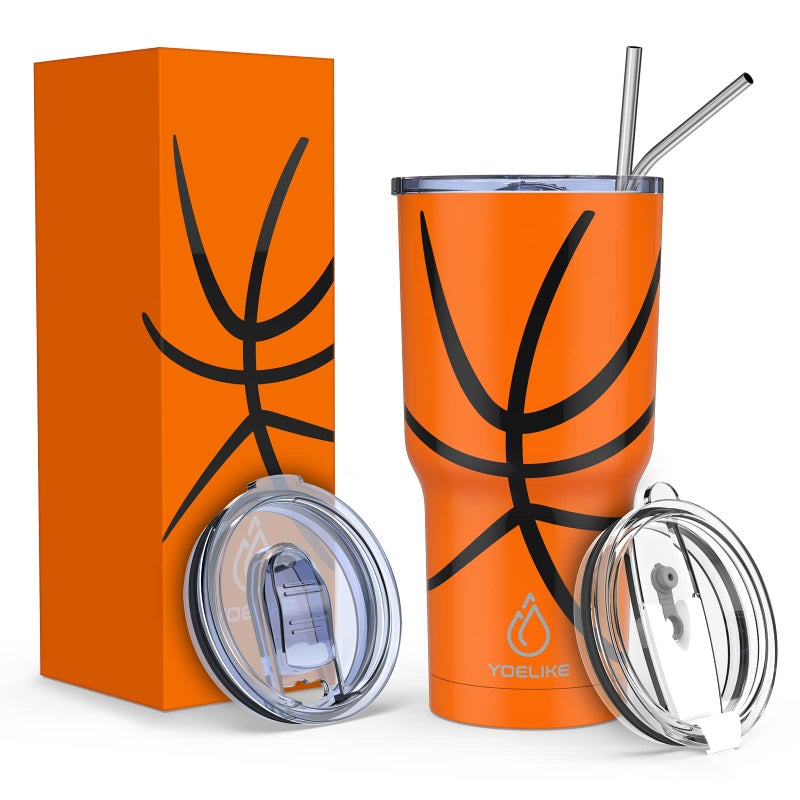 Yoelike Basketball Tumbler 30 oz Stainless Steel Double Wall Vacuum Insulated Cup with Straws  Splash Proof Lids  Straw Clean Brush  Tips for Fan Coaches Mom Men Sports Travel  Keep Drink Cold and Hot - Image 1