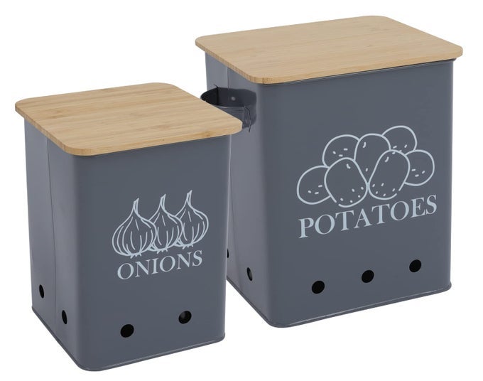 SET OF 2 VEGETABLE STORAGE BINS POTATO STORAGE ONION KEEPER WITH AERATING HOLES WOODEN LID KITCHEN PANTRY ORGANISER PRODUCE FRUITS VEGETABLE FRESH KEEPER GRAY
