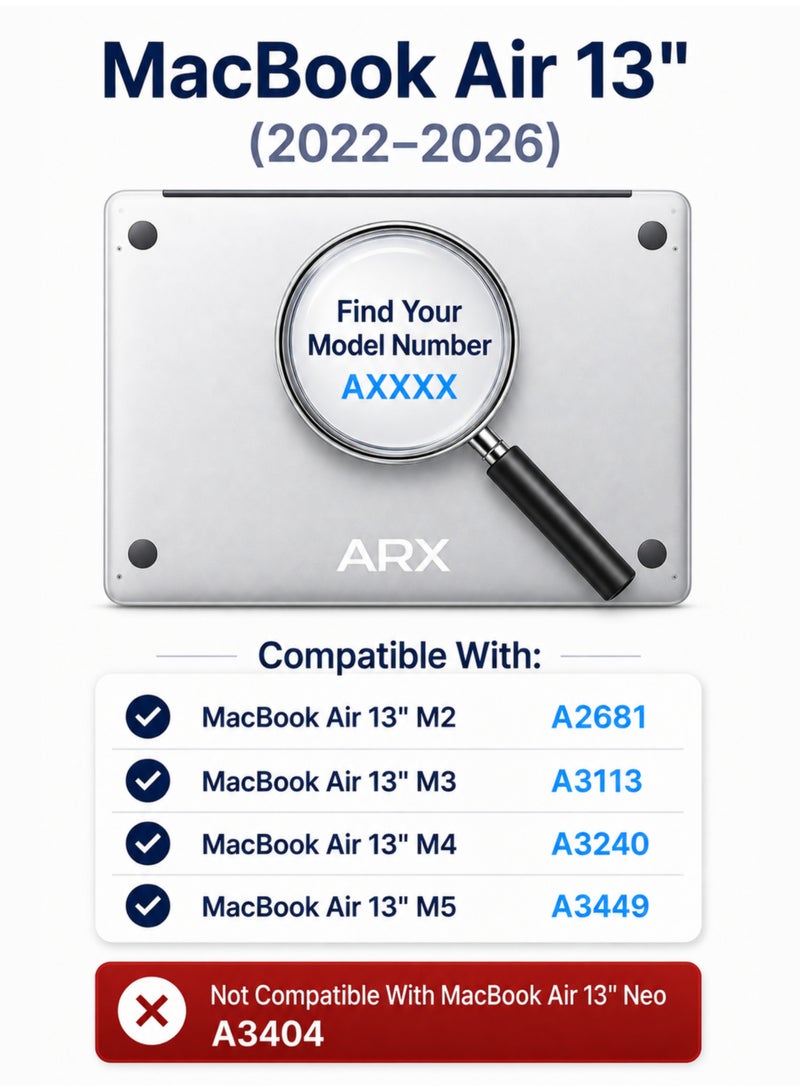 ARX MacBook Air 13 Inch Case (2022–2026) – Compatible with M2 A2681, M3 A3113, M4 A3240, M5 A3449 – Laptop Protective Hard Shell Cover, Smooth Shiny, Crystal Clear - Image 2