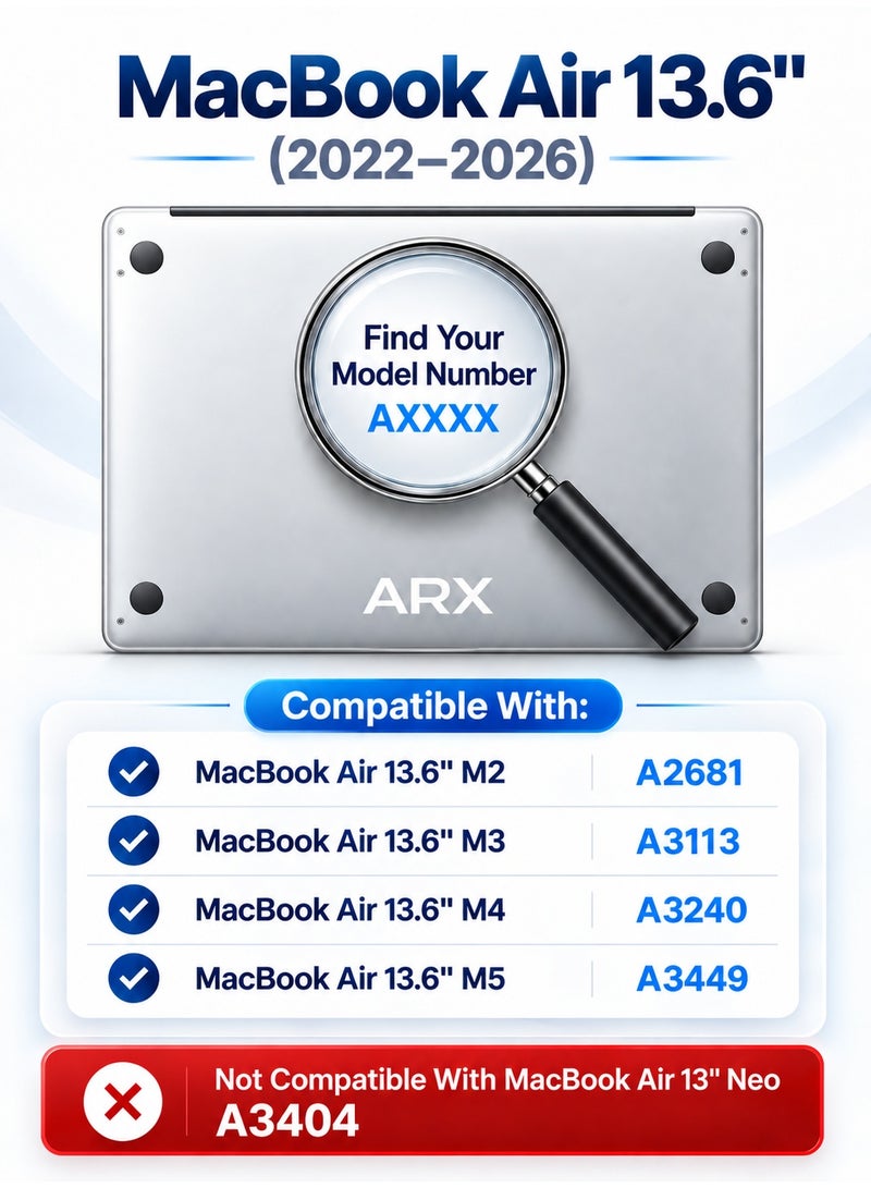 أركس غطاء لماك بوك إير 13.6 إنش (2022–2025) – متوافق مع M2 A2681، M3 A3113، M4 A3240، M5 A3449 – غطاء حماية بلاستيكي صلب، تصميم لامع وشفاف كريستالي - Image 2