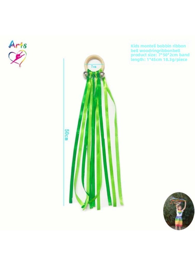 Children Monterey Shuttle Wooden Circle Ribbon Bell Rainbow Circle Educational Toys Wooden Toys Molar Circle Wooden Ring-Color:Macaron Two-color Bell (green)  - Image 1