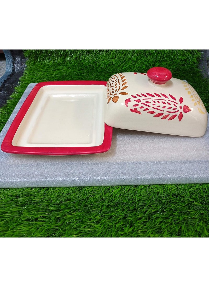Caffeine - Caffeine Ceramic Handmade Red Boota Butter Tray with lid 6 Set of 1 - Image 1