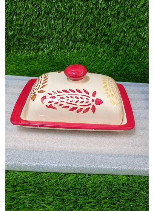 Caffeine Ceramic Handmade Red Boota Butter Tray with lid 6 Set of 1