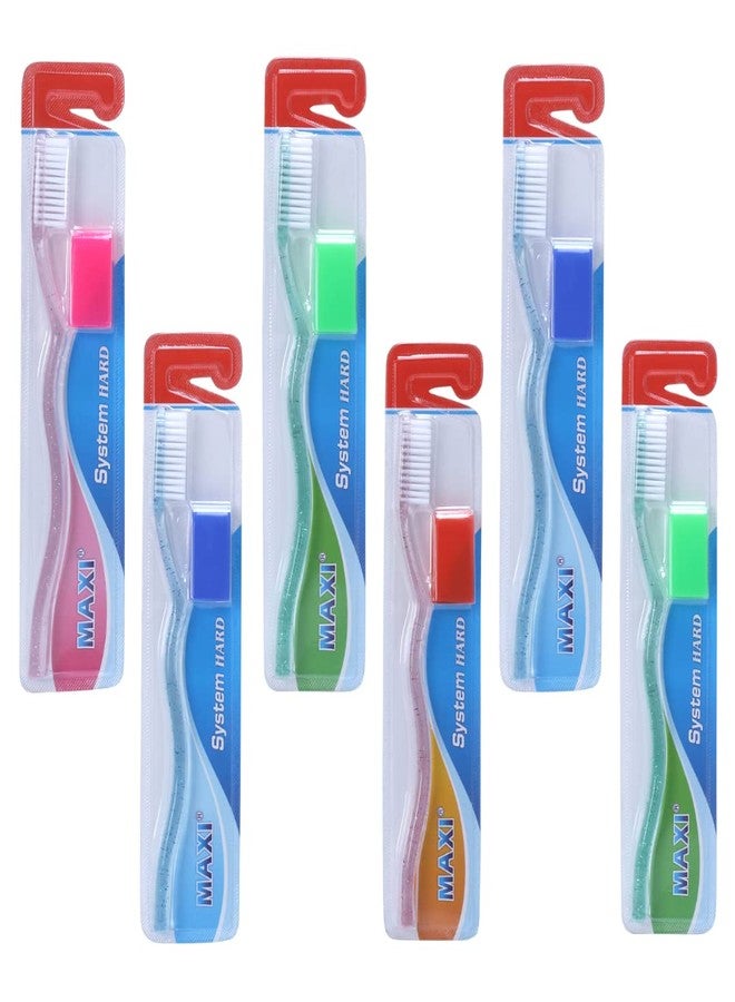 MAXI System Hard Toothbrush for Adults | Deep Plaque & Stain Removal | Anti-Bacterial Travel Cap | Manual Big Head Hard Bristles Tooth Brush | Multicolor Pack of 6 - Image 1