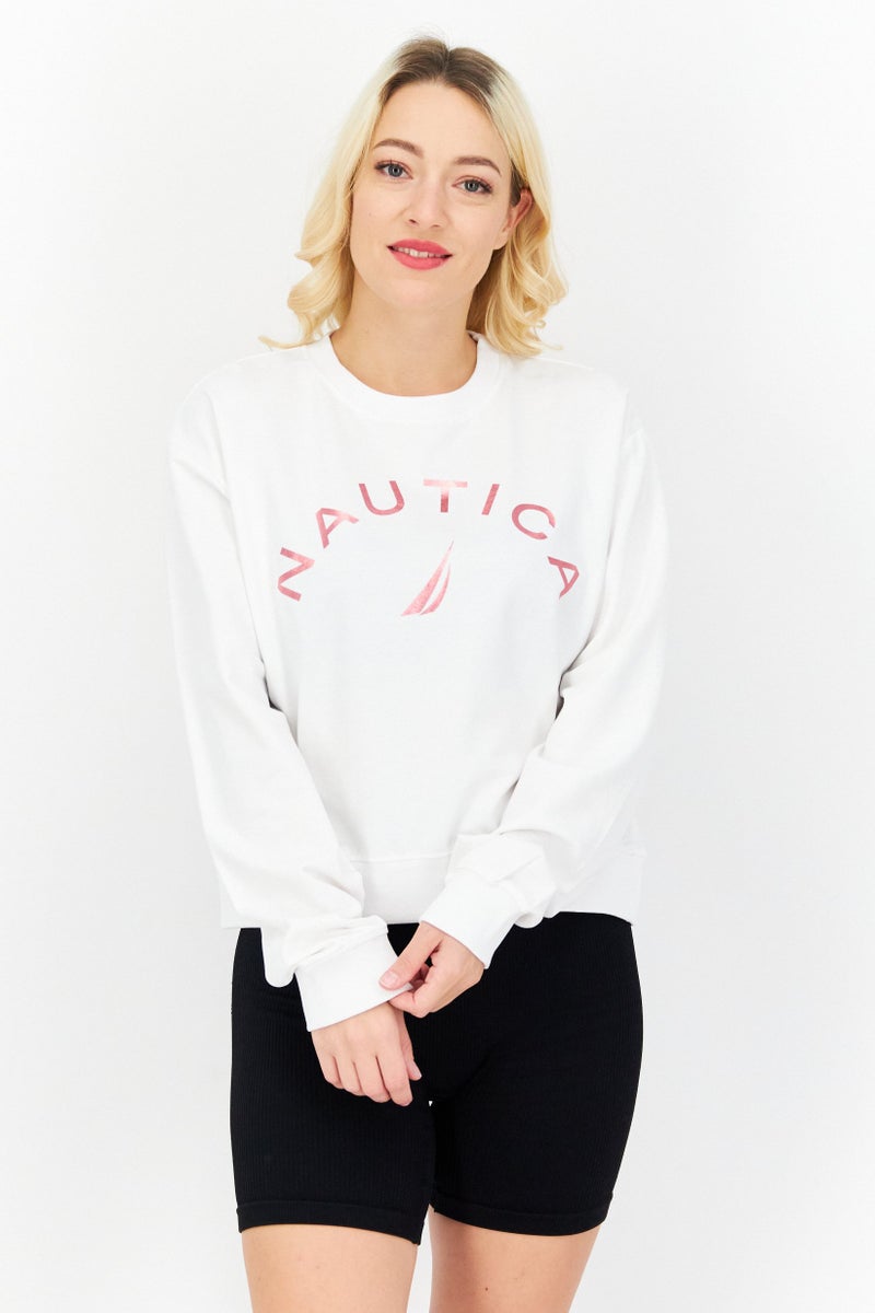 NAUTICA Women Round Neck Brand Logo Sweatshirt, White - Image 1