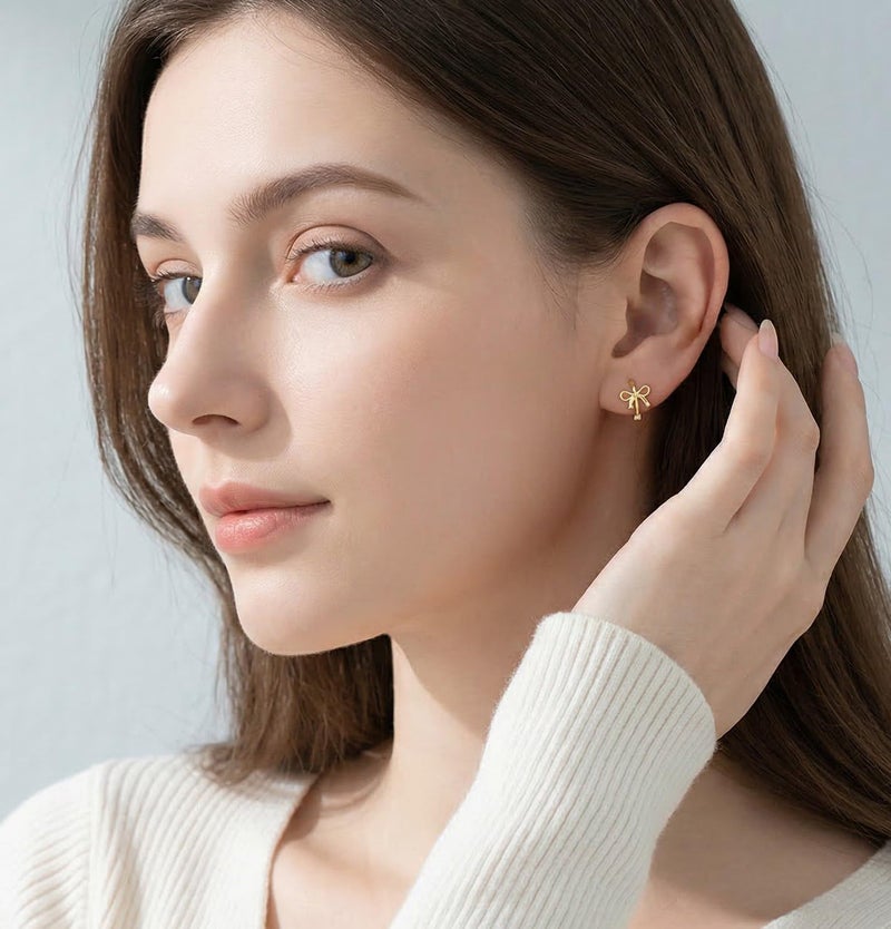Reffeer Solid 925 Sterling Silver Bow Hoop Earrings Ribbon for Women Teen Girls Bowknot Hoop Earrings Huggie (B-18K Gold) - Image 2