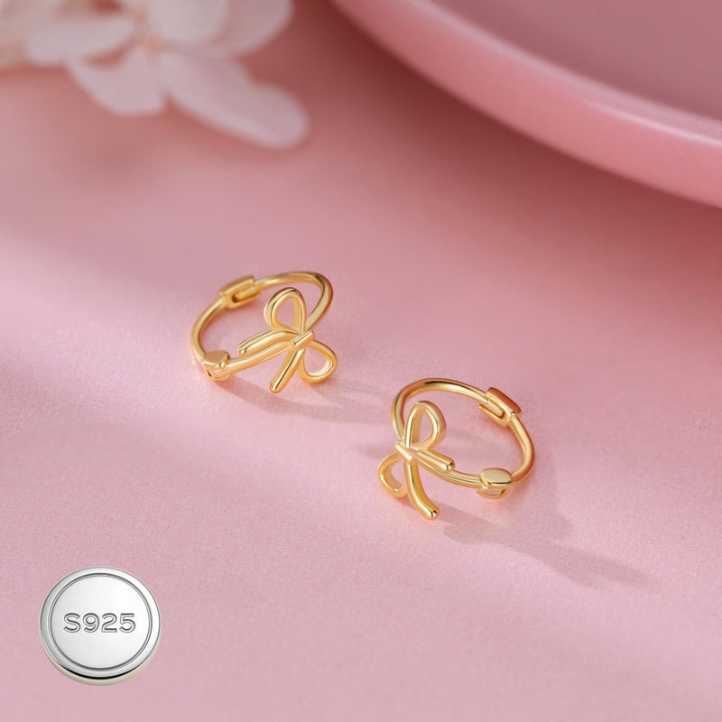 Reffeer Solid 925 Sterling Silver Bow Hoop Earrings Ribbon for Women Teen Girls Bowknot Hoop Earrings Huggie (B-18K Gold) - Image 5