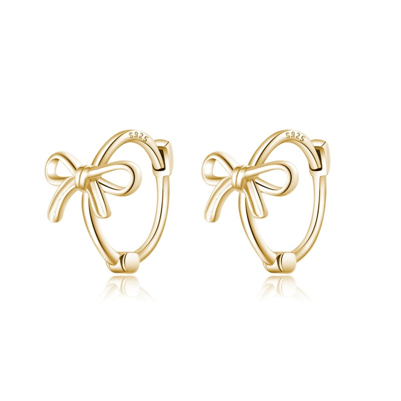 Reffeer Solid 925 Sterling Silver Bow Hoop Earrings Ribbon for Women Teen Girls Bowknot Hoop Earrings Huggie (B-18K Gold) - Image 1