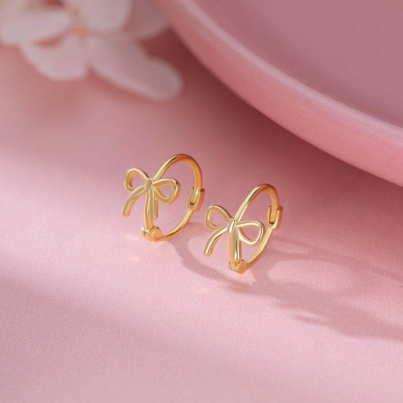 Reffeer Solid 925 Sterling Silver Bow Hoop Earrings Ribbon for Women Teen Girls Bowknot Hoop Earrings Huggie (B-18K Gold) - Image 4
