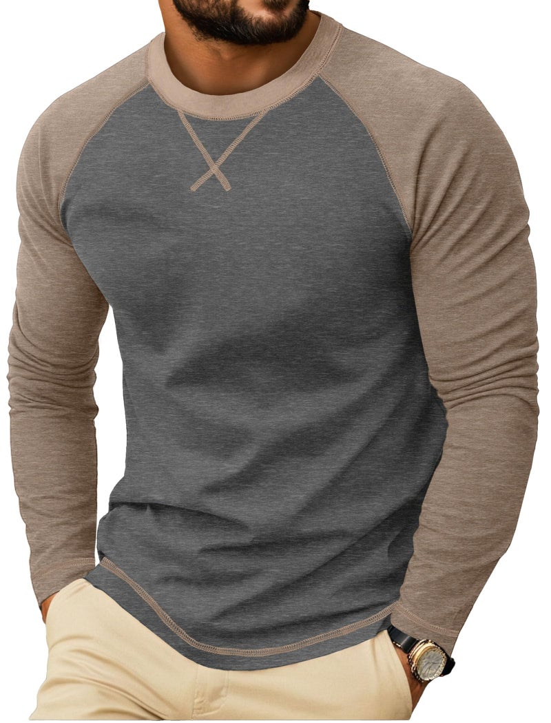 Askdeer Mens Cotton Shirts Long Sleeve Casual T-Shirts Soft Crew Neck Shirts Dark Gray - Image 1