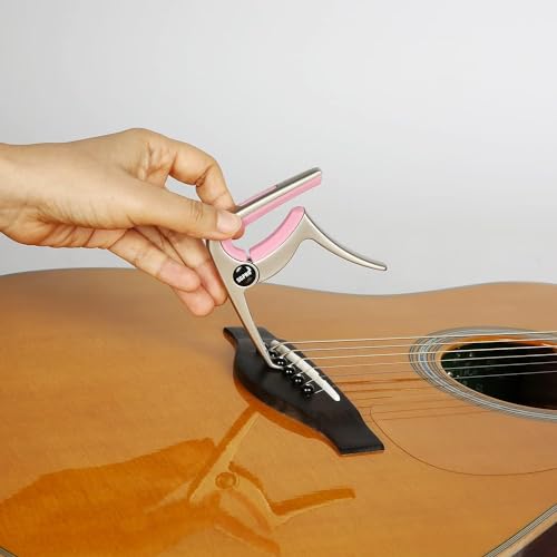 SGPRO Guitar Capo 3-in-1: Acoustic & Electric Capo, Guitar Pin Puller, Pick Holder - Hidden Spring Design, Trapezoid Silicone Rubber Pad, Superior Zinc Alloy (Pink) - Image 2