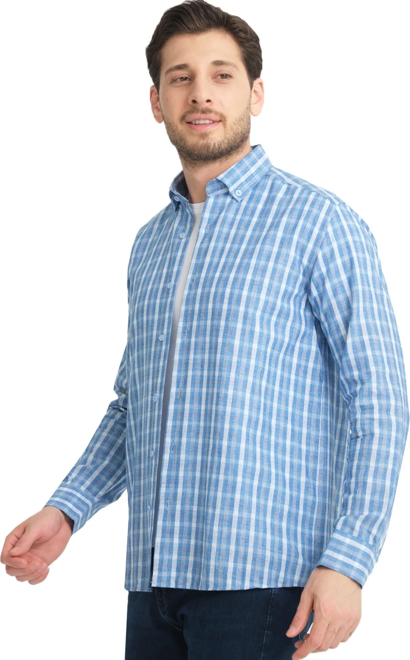 Varetta Men's Sky Blue No Pocket Linen Effect Checked Wide Cut Long Sleeve Shirt