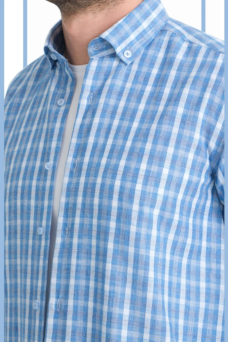 Varetta Men's Sky Blue No Pocket Linen Effect Checked Wide Cut Long Sleeve Shirt