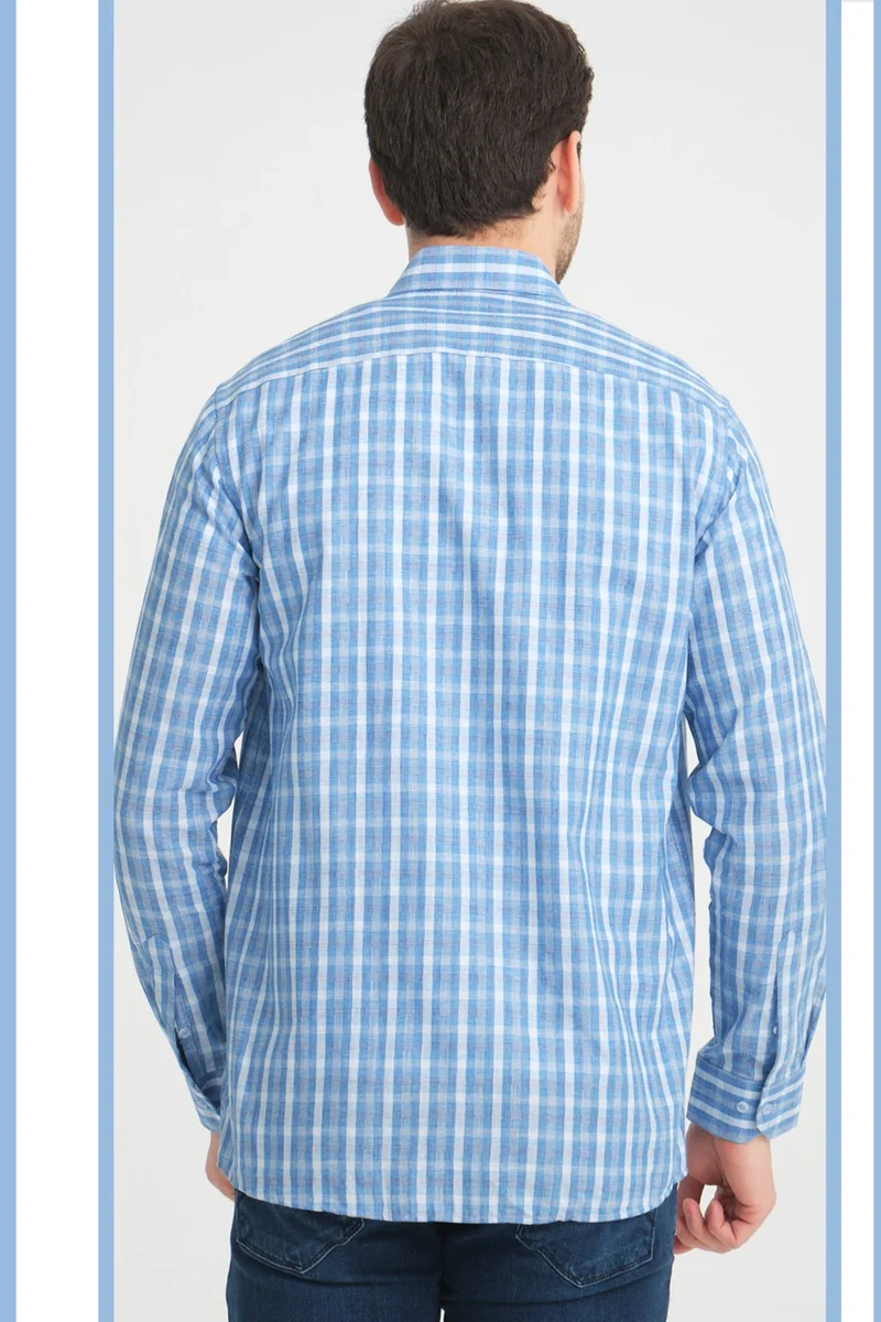 Varetta Men's Sky Blue No Pocket Linen Effect Checked Wide Cut Long Sleeve Shirt