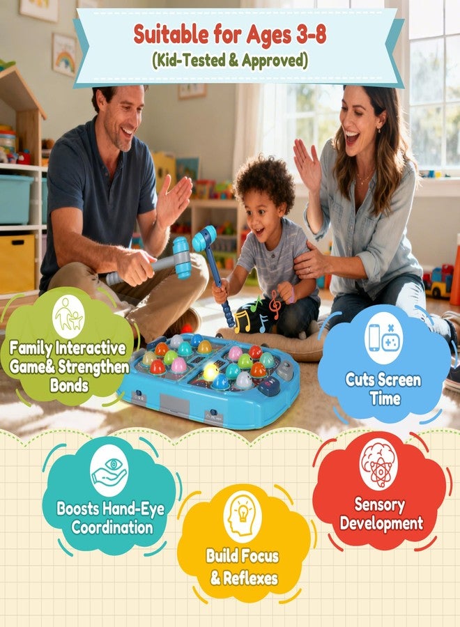 TooLion 2-Player Whack Game Mole - Toys for Age 3-12 Kids,2 Hammers,3 Modes with Sound & Light,Safe Educational Pounding Toy,Birthday for 3 4 5 6+ Year Old Boys Girls,Blue - Image 3