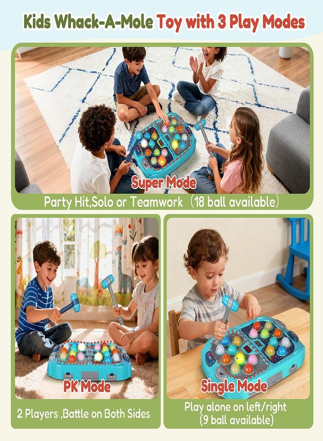 TooLion 2-Player Whack Game Mole - Toys for Age 3-12 Kids,2 Hammers,3 Modes with Sound & Light,Safe Educational Pounding Toy,Birthday for 3 4 5 6+ Year Old Boys Girls,Blue - Image 2