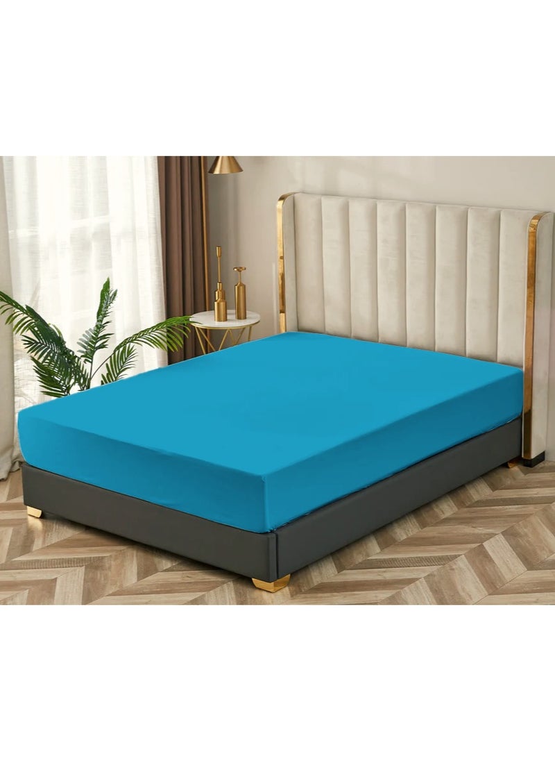 Linen Thread - 1-Piece Solid Fitted Sheet Cyan Blue  Single Double Queen Size Made With High Quality 96GSM Microfiber - Image 1