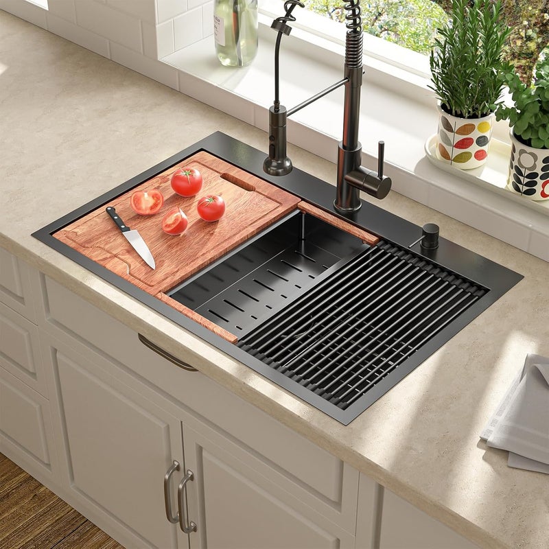 Lordear 33 Black Kitchen Sink Drop in 33x22 Drop Sink Stainless Steel 16 Gauge Gunmetal Black Ledge Workstation Single Bowl Topmount Overcounter Kitchen Sinks Deep Basin