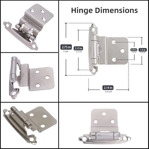 DecoBasics 3/8" Inset Cabinet Hinges Brushed Nickel (25 Pair -50 Pcs) Offset Self Closing Cabinet Hinges for Kitchen Cabinets Satin Nickel w/Silicon Bumpers & Upgraded Screws - Image 4