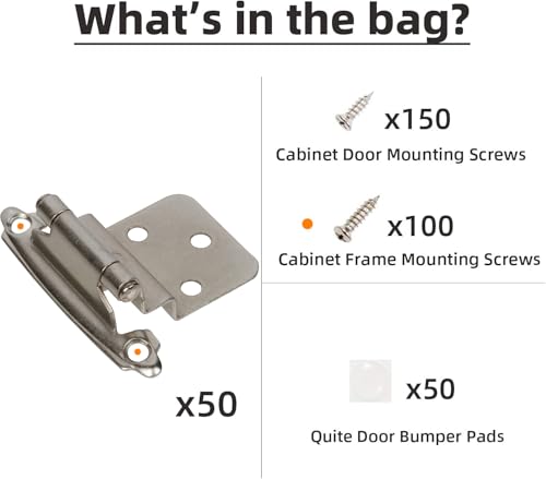 DecoBasics 3/8" Inset Cabinet Hinges Brushed Nickel (25 Pair -50 Pcs) Offset Self Closing Cabinet Hinges for Kitchen Cabinets Satin Nickel w/Silicon Bumpers & Upgraded Screws - Image 5