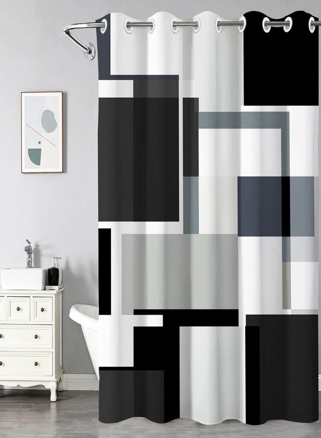 KINUUIS 71x74 Black No Hooks Shower Curtain, Easy Install, Black White Striped Shower Curtains for Bathroom,Geometric Waterproof Bathroom Curtain for Modern Homes - Image 1