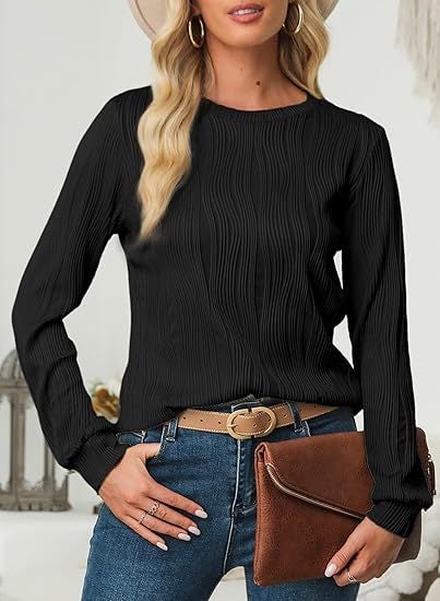 Womens Top Fashion Dress Casual Long Sleeve Round Neck Basic T-Shirt Solid Color Loose Textured Shirt suit Black