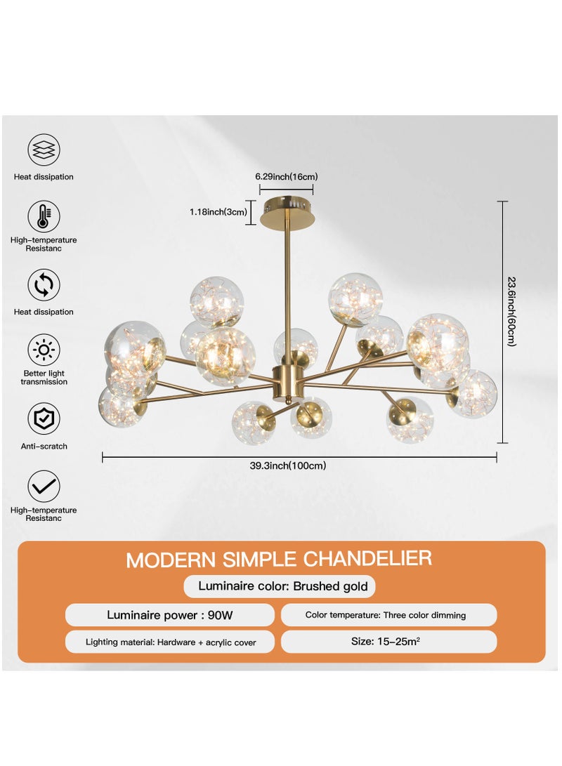 YATAI LIGHTING 15-Light Gold Sputnik Chandelier, Modern LED Sputnik Pendant Chandelier, Modern Spherical Glass Pendant Light Fixture for Living Room Bedroom Hallway,90W - Image 3