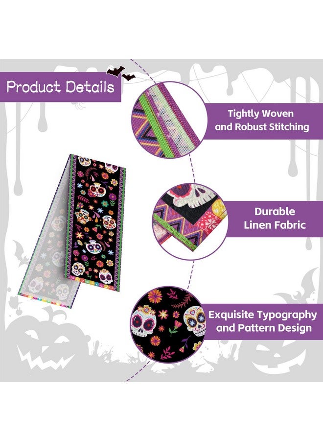 Kreyfer Day of The Dead Table Runner 72 x 13 Inch Decorations, Dia De Los Muertos Sugar Skull Mexican Fiesta Carnival Table Cover Decor, Rustic Linen Altar Themed Party Supplies for Home Kitchen Dining Mantel - Image 3