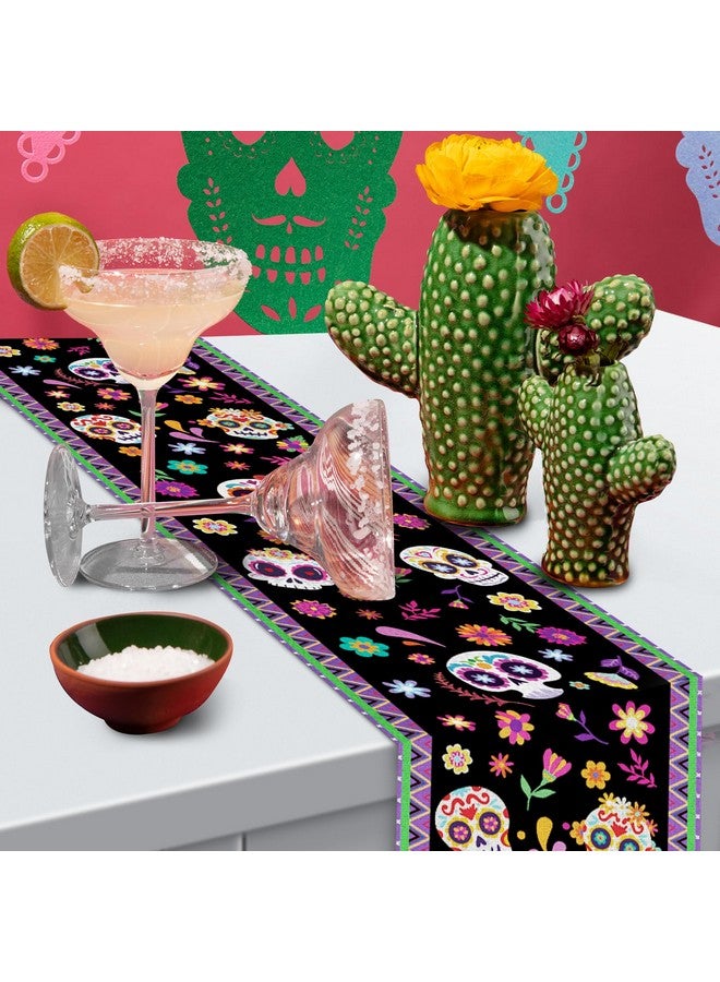 Kreyfer Day of The Dead Table Runner 72 x 13 Inch Decorations, Dia De Los Muertos Sugar Skull Mexican Fiesta Carnival Table Cover Decor, Rustic Linen Altar Themed Party Supplies for Home Kitchen Dining Mantel - Image 4