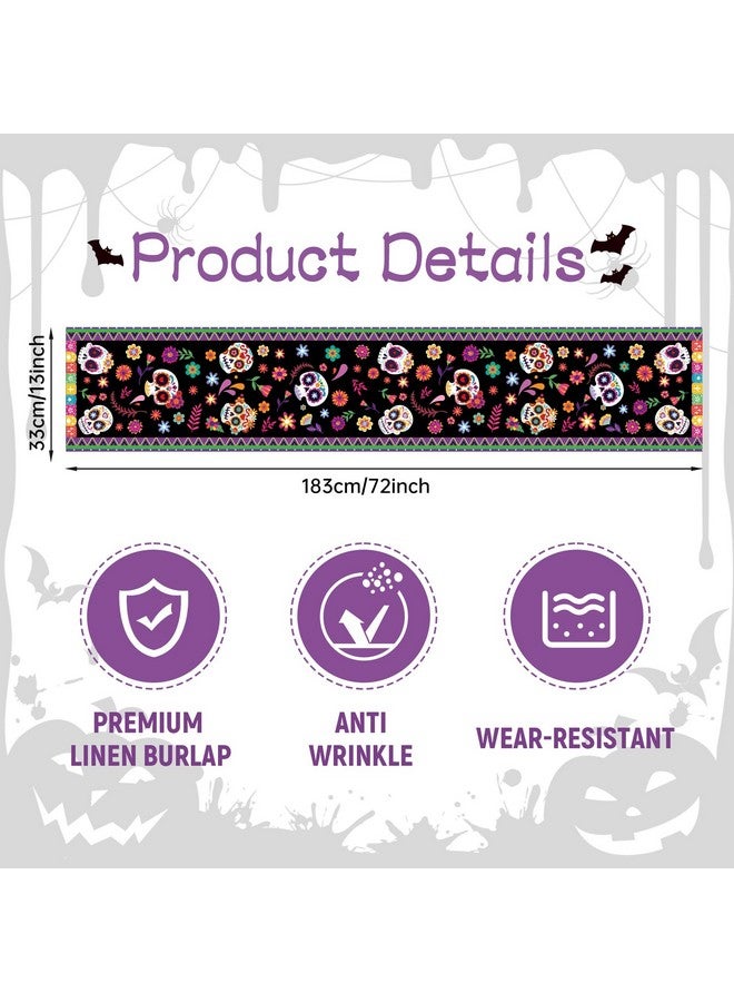 Kreyfer Day of The Dead Table Runner 72 x 13 Inch Decorations, Dia De Los Muertos Sugar Skull Mexican Fiesta Carnival Table Cover Decor, Rustic Linen Altar Themed Party Supplies for Home Kitchen Dining Mantel - Image 2