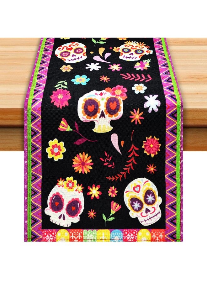 Kreyfer Day of The Dead Table Runner 72 x 13 Inch Decorations, Dia De Los Muertos Sugar Skull Mexican Fiesta Carnival Table Cover Decor, Rustic Linen Altar Themed Party Supplies for Home Kitchen Dining Mantel - Image 1